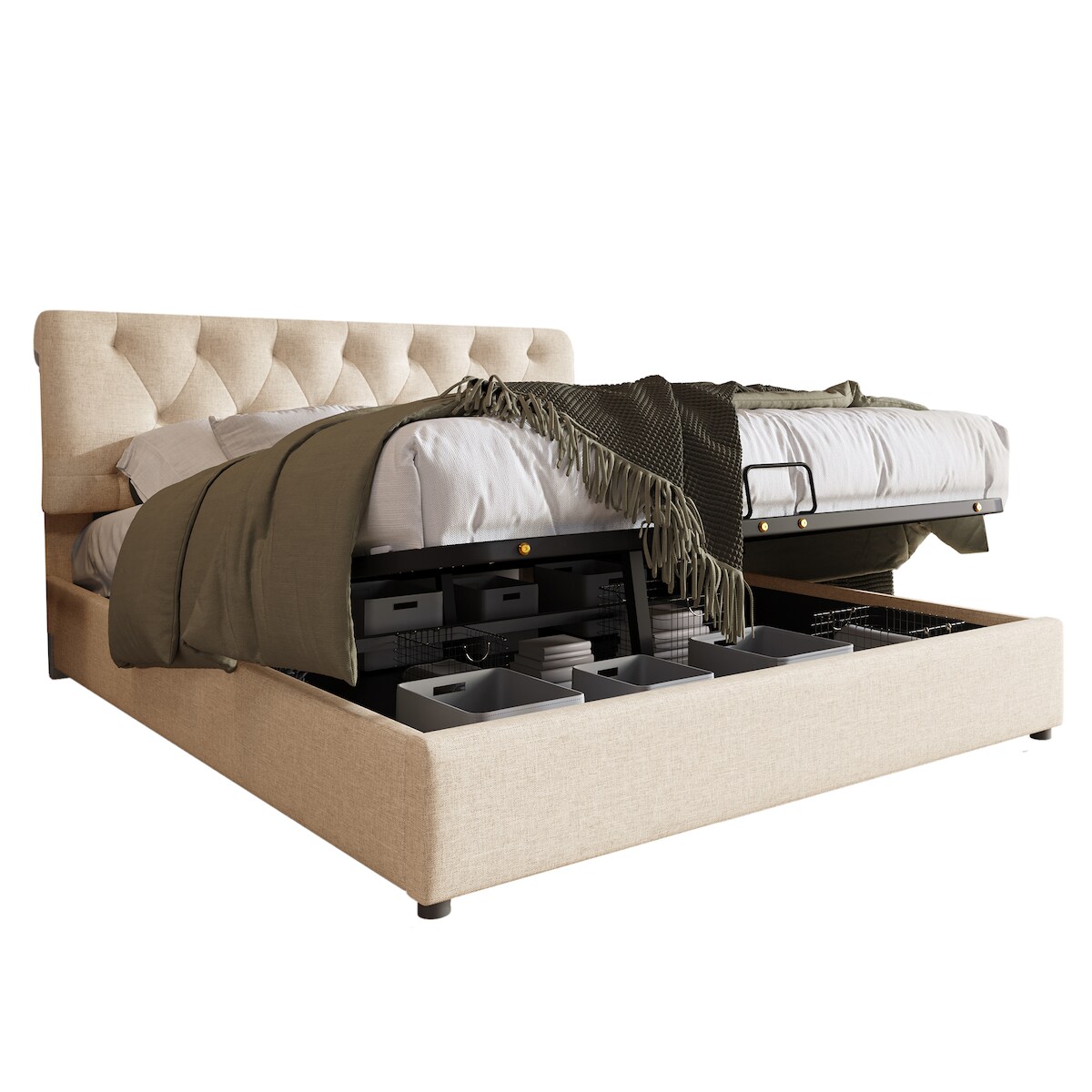 OKWISH Hydraulisches Polsterbett 140×200 mit verstellbarem Kopfteil, Stauraum unter Lattenrost, Metallrahmen, Leinenbezug, Natürlich Image