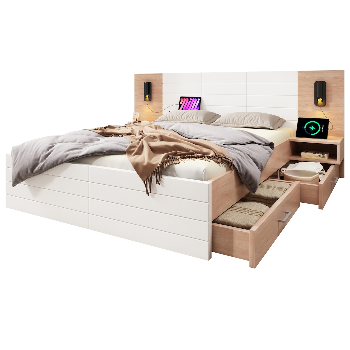OKWISH Doppelbett 160x200 mit 2 Schubladen, Kopfteil Leselicht USB Ladefunktion, 2 Nachttische, Massivholz MDF, Lattenrost, Eiche Weiß Image