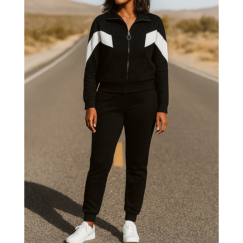 Women's Zip Up Sweatshirt Lounge Sweatsuit Sets 2 Piece Tracksuit with Pocket Color Block Clothing Suit Fall Black White Spandex Hiking Vocation Outdoor Long Sleeve Sport Activewear Micro-elastic