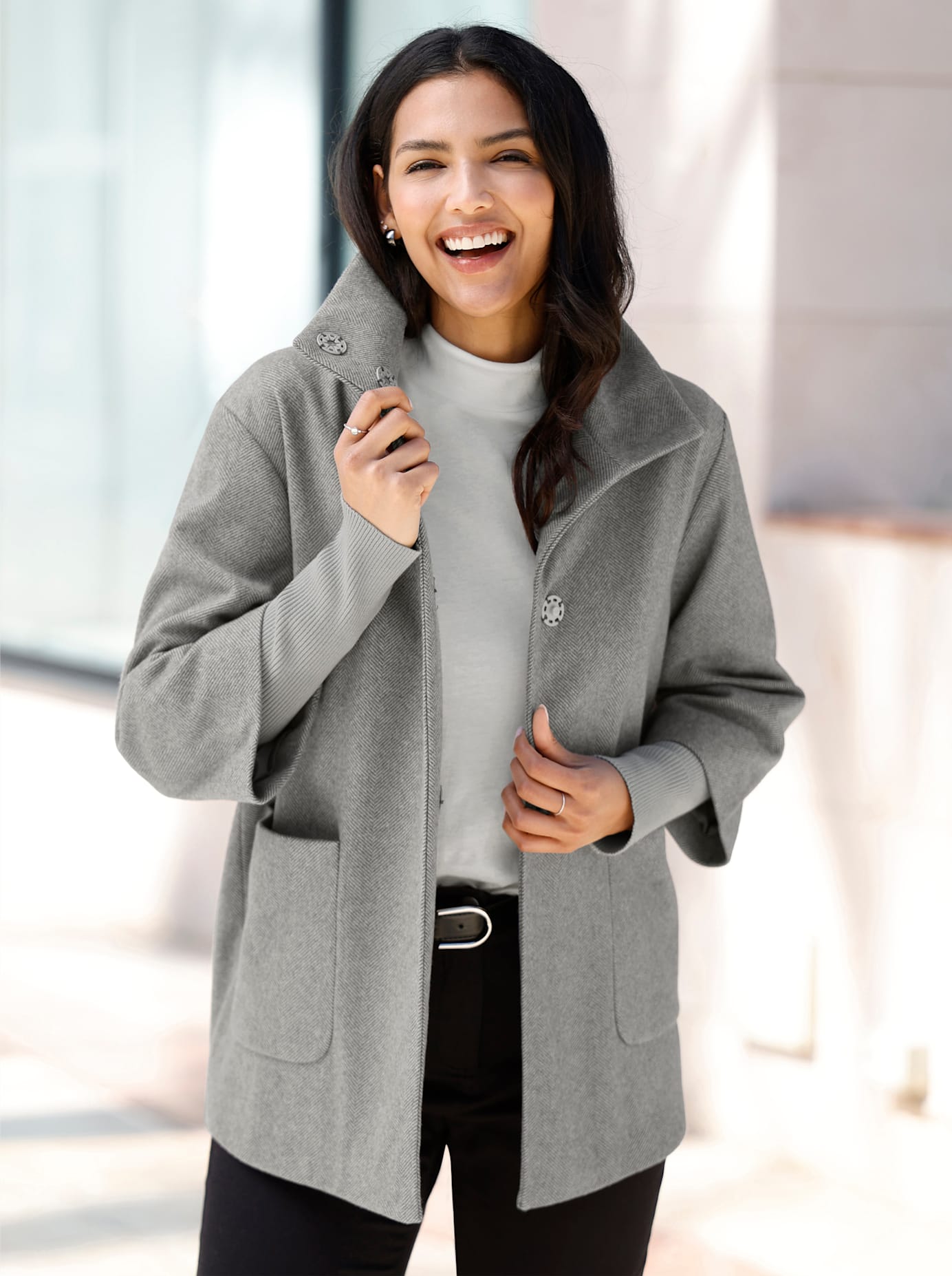 Langjacke CLASSIC BASICS, Damen, Gr. 40, grau (steingrau, anthrazit, gestreift), 100% Polyester, gemustert, gestreift, Jacken Langjacke Image