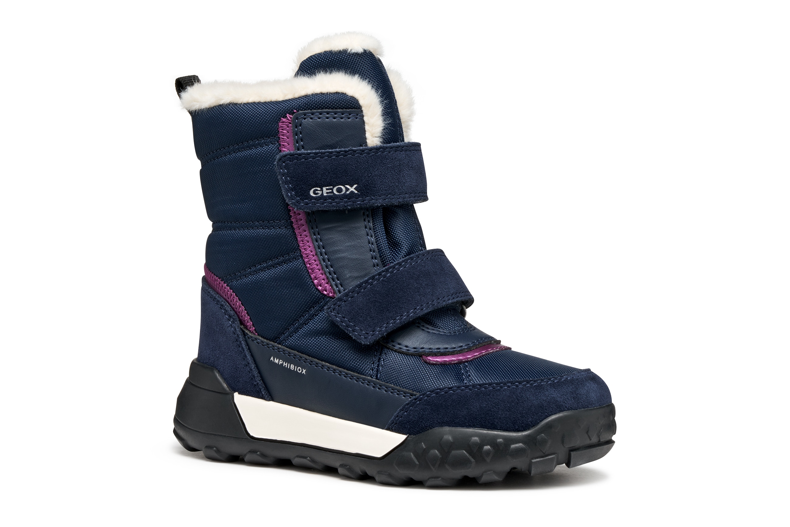 Winterboots GEOX "J TREKKYUP GIRL B AB", Mädchen, Gr. 39, navy, lila, Leder, Textil, Schuhe Winterboots, Klettstiefel mit Warmfutter, Größenschablone zum Download