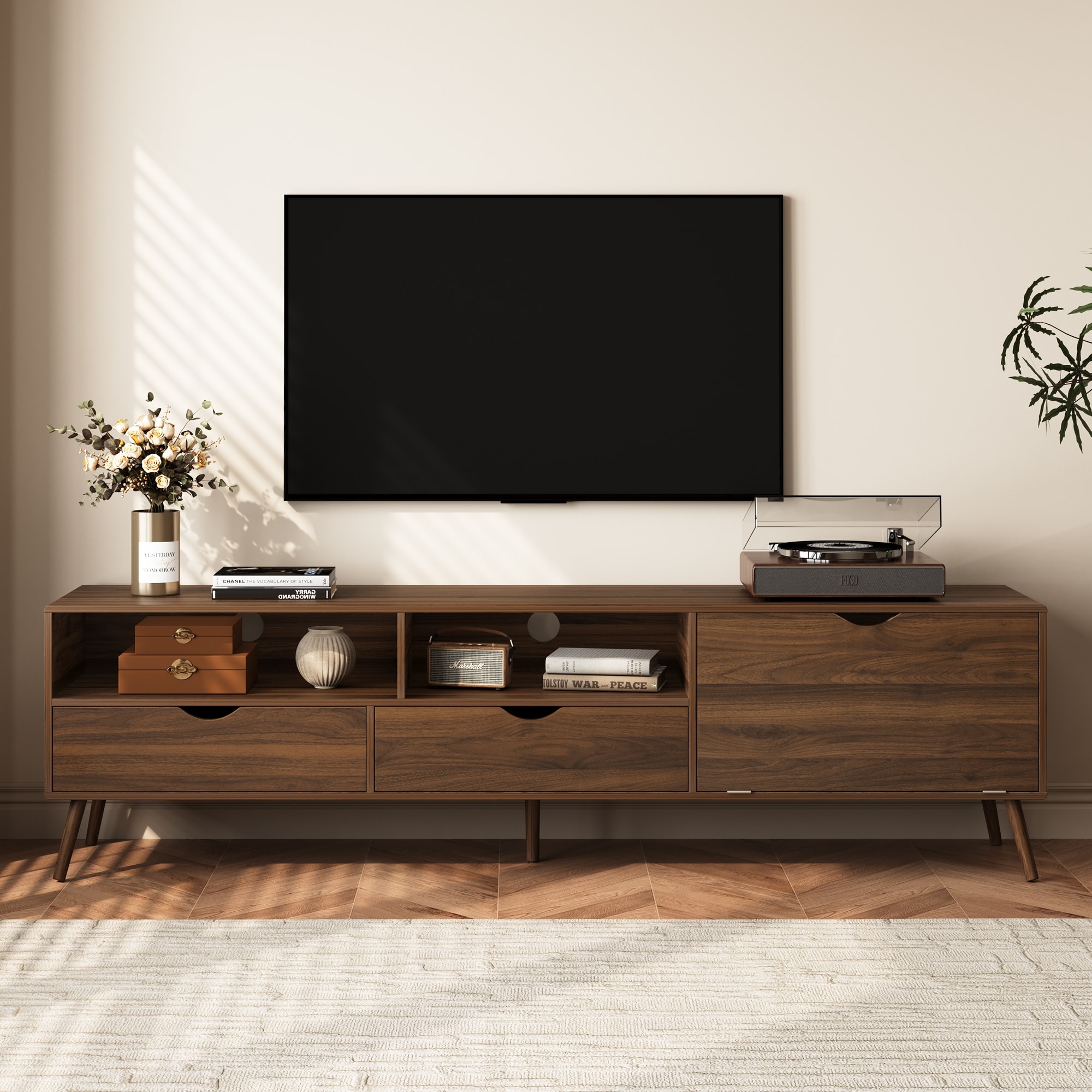 Mid Century TV Stand for TVs up to 80'', Entertainment Center with Storage Drawers