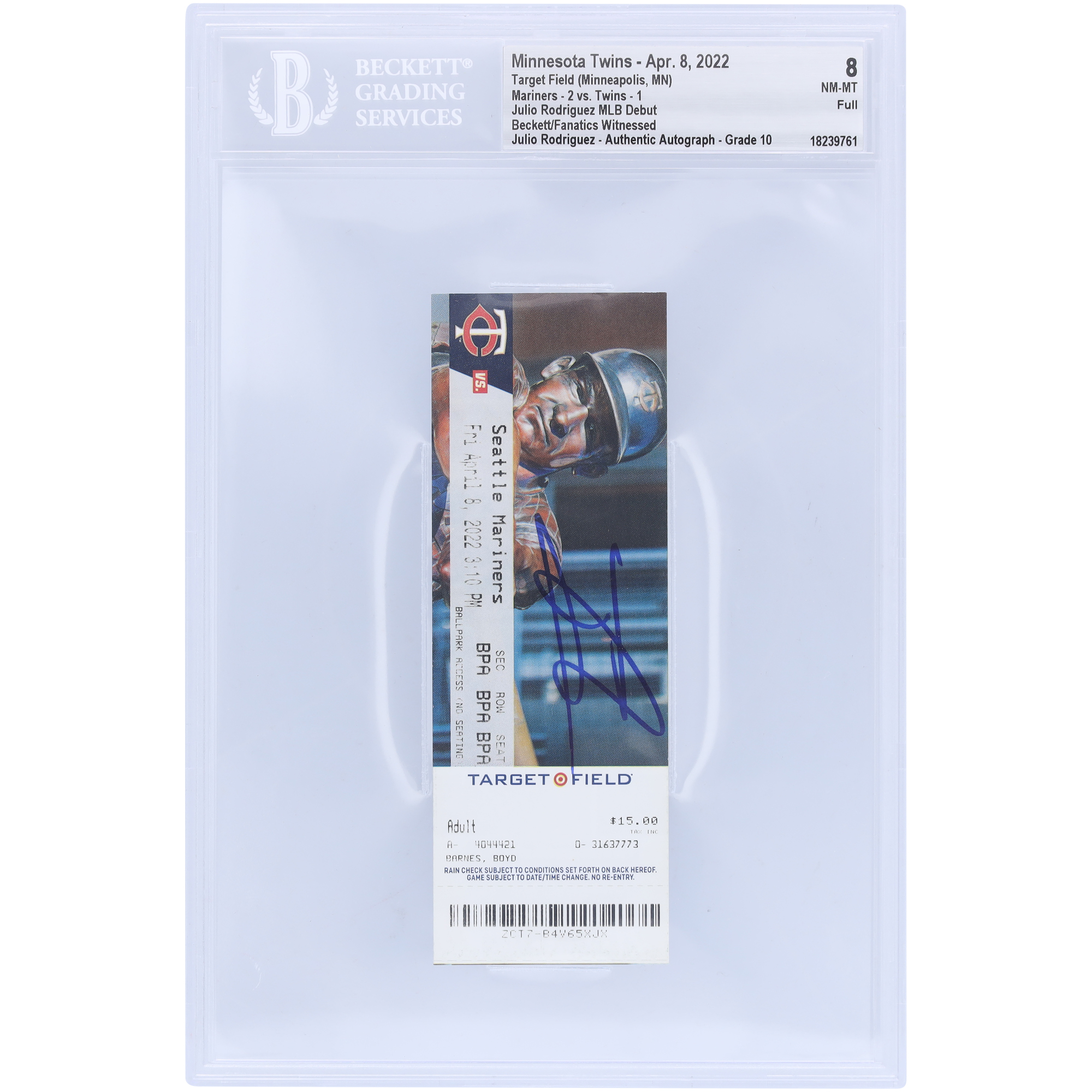 Julio Rodriguez Seattle Mariners signiertes MLB-Debüt Beckett Fanatics Zeuge authentifiziertes 8/10-Ticket vom 8. April 2022 Image