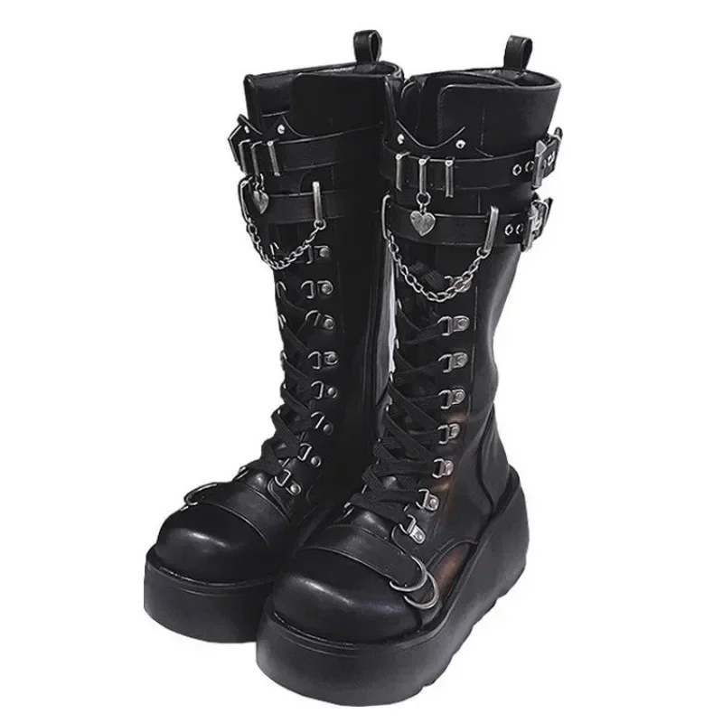 Motorradstiefel, Plateaustiefel für Damen, Keilabsatz, kniehoch, schwarz, Schnürung, modisch, Gothic, Gothic-Stiefel, Punk-Schuhe, Mädchen, Winter