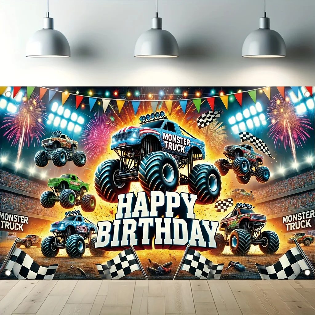 Monster truck birthday party banner, atmosphere decoration background, outdoor festival decoration, yard decoration