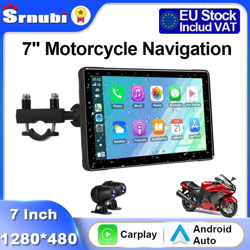 Srnubi 7 pollici moto DVR portatile wireless CarPlay Android Auto AI voce doppia Bluetooth IP67 schermo impermeabile navigazione GPS