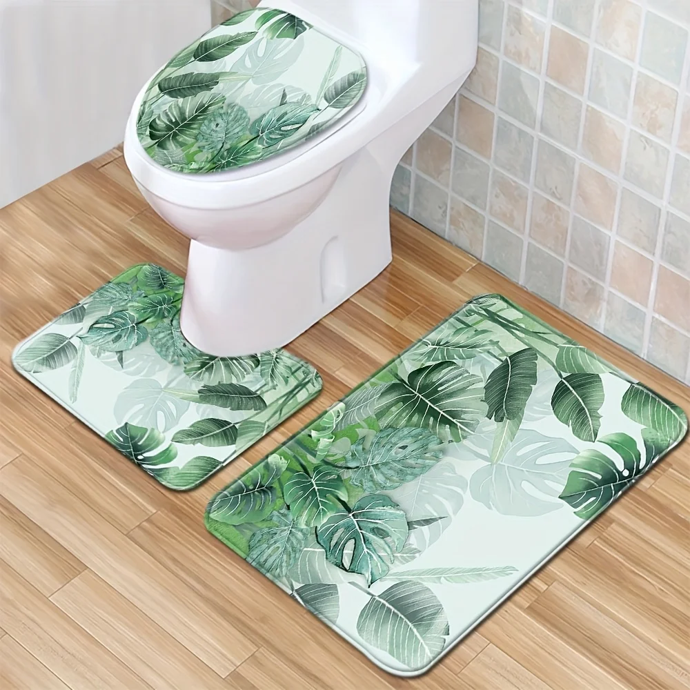Ensemble de housses de siège de toilette en bambou, plante tropicale, tapis de salle de bain, tapis de bain antidérapant, ensemble de trois pièces pour décoration de salle de bain, 1/3 pièces