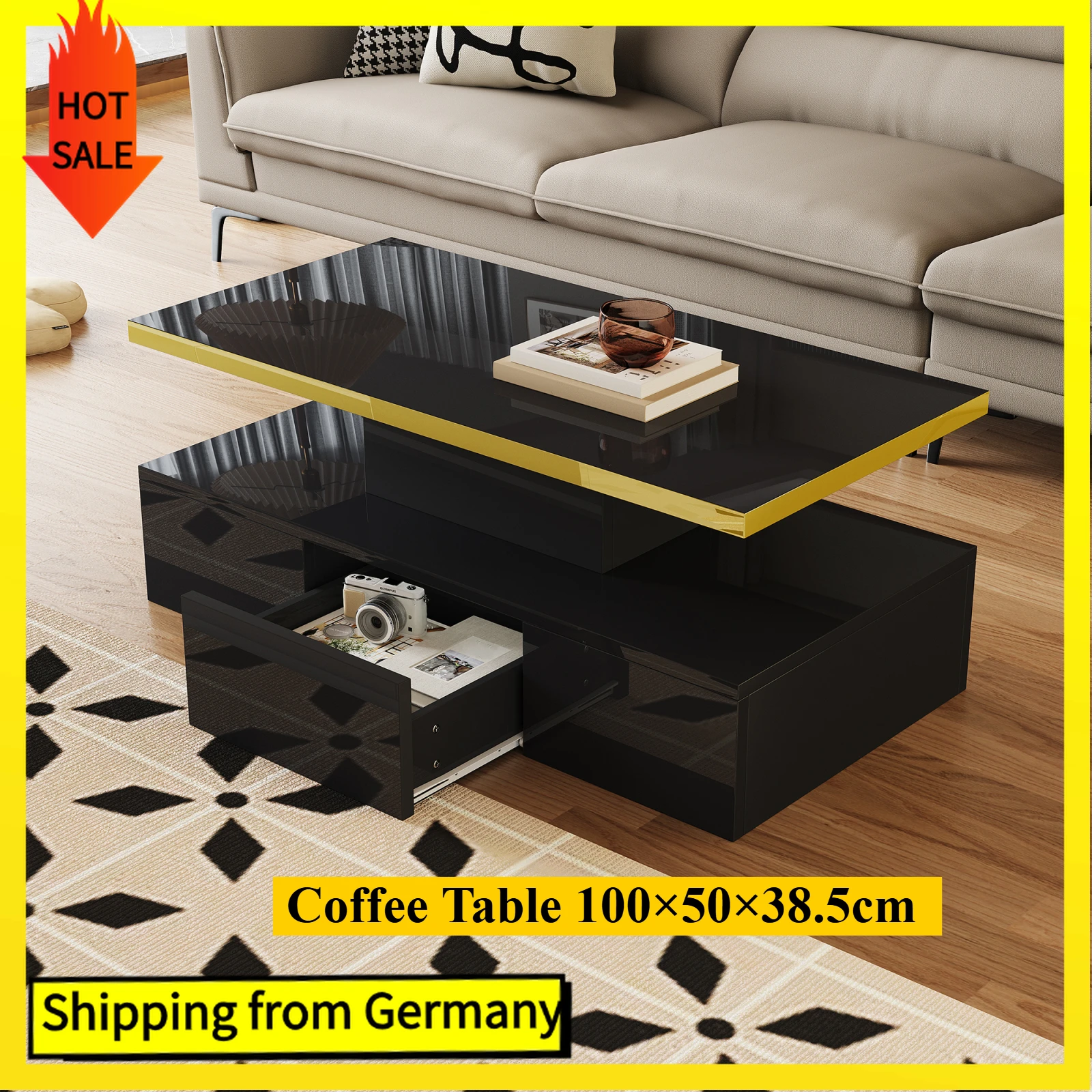 Comanlai Hochglanz-Couchtisch mit Schubladen, Beistelltisch für Wohnzimmer, Schwarz, 100 x 50 x 38,5 cm