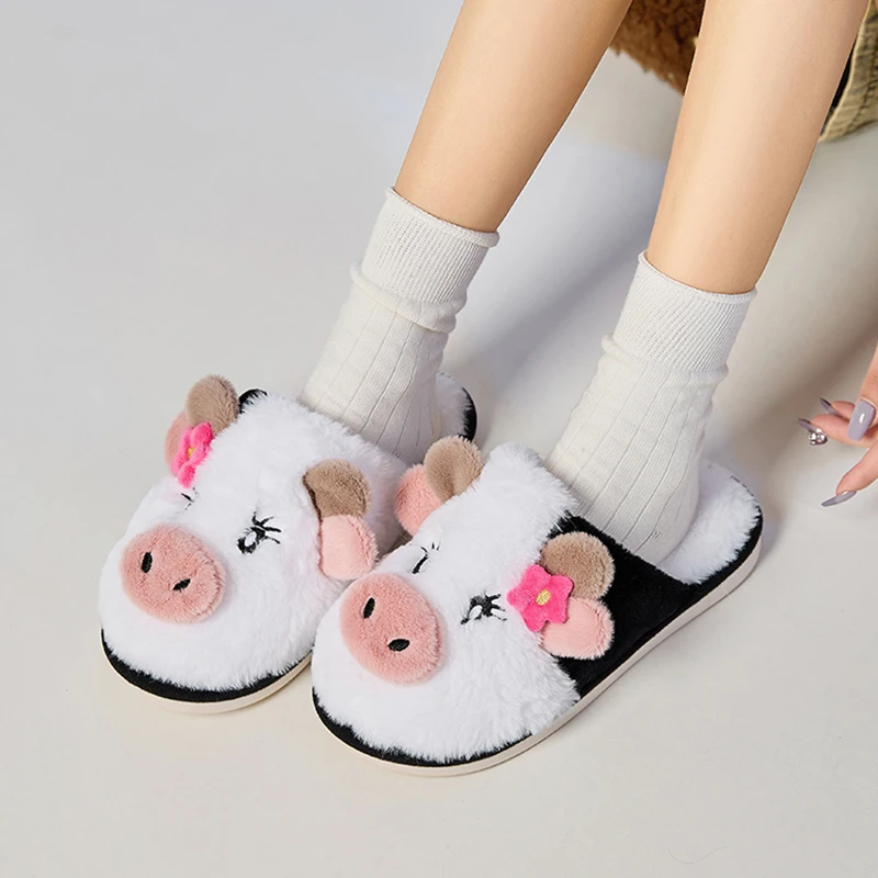 Flauschige Casual Hausschuhe Frauen Haus Wohnungen Nette Kuh Cartoon Designer Winter Schuhe Mädchen Schöne Mode Schuhe Elegante Große Größe