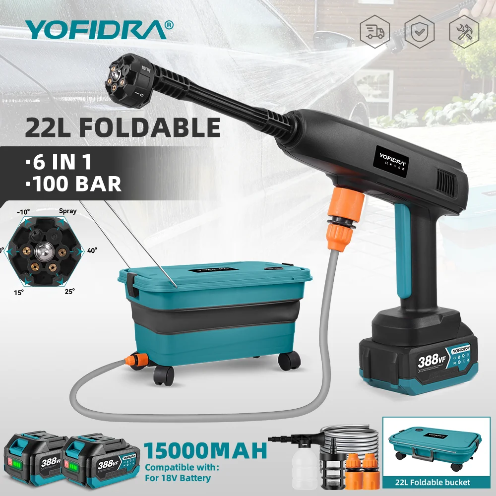 YOFIDRA 100Bar Hochdruck Auto Waschmaschine Pistole Tragbare 22L Faltbare Wasser Tank Reiniger Garten Spritzpistole Für Makita 18V batterie Pin