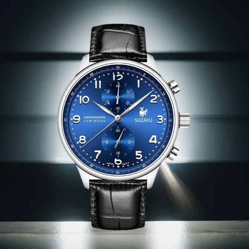 Neue SUZAKU Luxusmarke Business Casual Herren Quarzuhr wasserdicht 100 Meter Luxus Leder Sport Quarz Chronograph Image