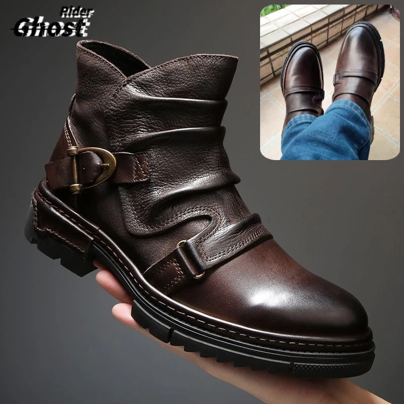HEIßER Handgemachte Motorrad Reiten Schuhe Casual Echtes Leder Chelsea Stiefel für Männer Retro Mode Schnalle Zip Kurze Moto Stiefel