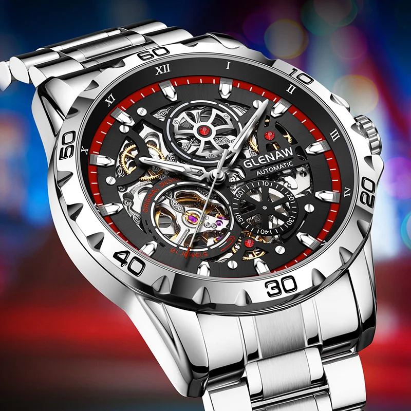 Glenaw Top-Marke, Luxusmode, personalisierte, trendige, vollautomatische, mechanische, leuchtende, wasserdichte Herrenuhr Image