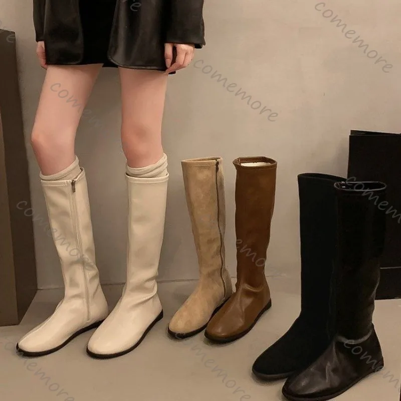 Comemore Lange Stiefel Damenschuhe 2025, neue Herbst- und Winter-Stiefel, einfarbig, flacher Boden, runder Kopf, kniehohe Stiefel für Damen
