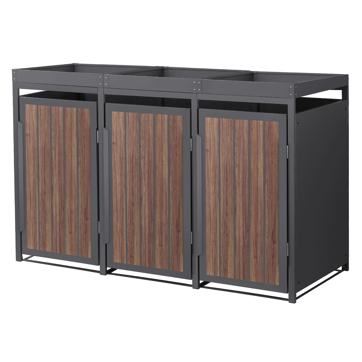 ML-Design Mülltonnenbox 3er mit Pflanzdach, Anthrazit-Holzoptik, Stahl, wetterfest – Verkleidung für 3 Tonnen à 240 L mit Türen, 196×80×124 cm Image