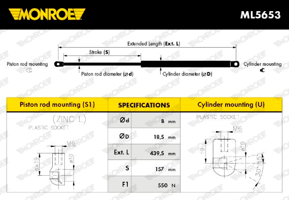 MONROE Gasfeder, Koffer-/Laderaum 550N für VW 5K6827550B ML5653 Image