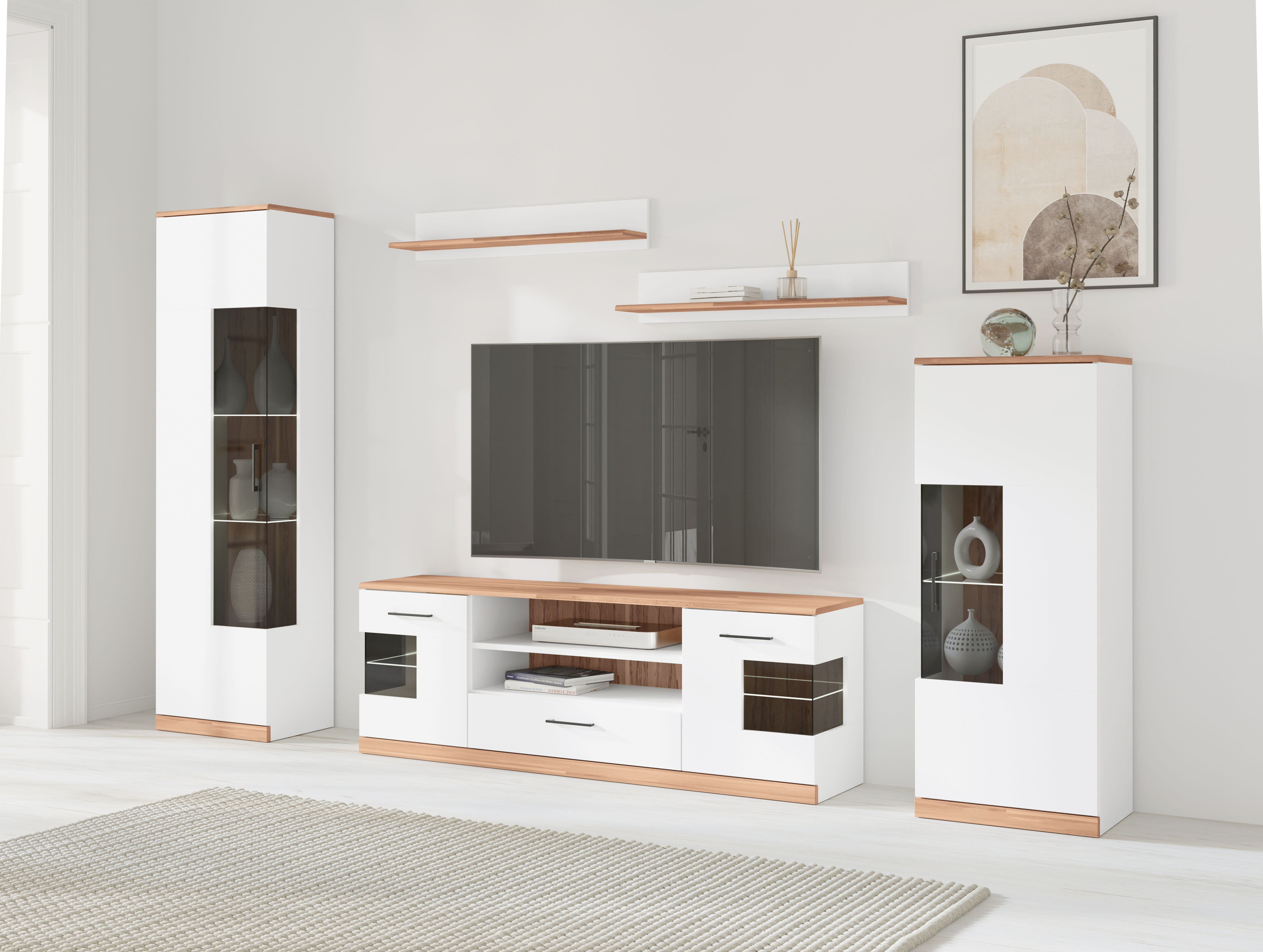 Wohnwand HOME AFFAIRE "Ribe Wohnwand Set-5 St.", weiß, kernbuche, B:260cm H:180cm T:35cm, Holzwerkstoff, Massivholz, Kastenmöbel-Sets, Glaseinsatz aus gehärtetem Glas,Böden teilweise versetzbar