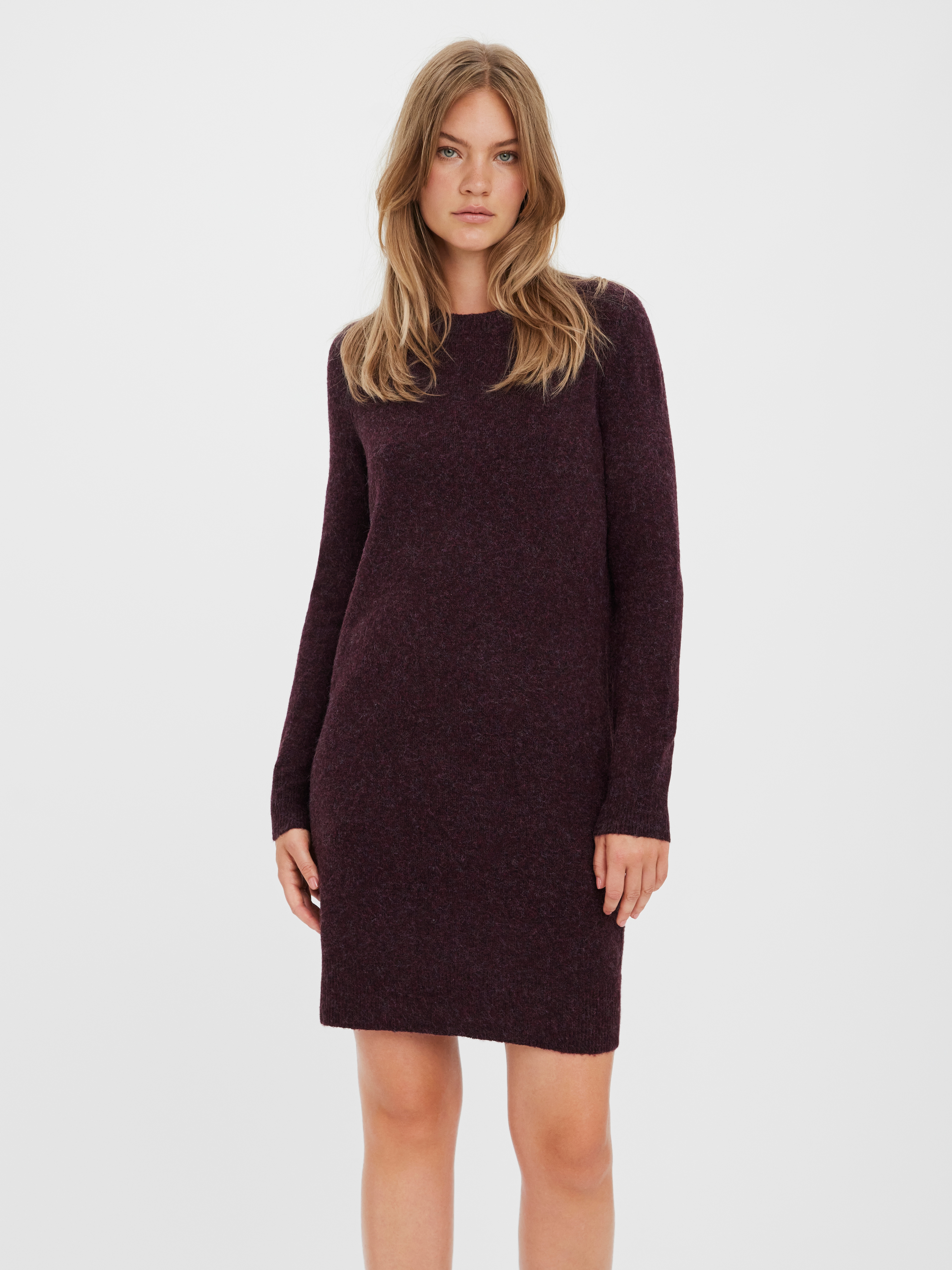Strickkleid VERO MODA "VMDOFFY LS O-NECK DRESS GA NOOS", Damen, Gr. XS, N-Gr, winetasting detail:with schwarz melange, Strick, Obermaterial: 94% Polyester, 3% Elasthan, 3% Nylon, meliert, regular fit, Rundhals, Rippbündchen, Kleider Image