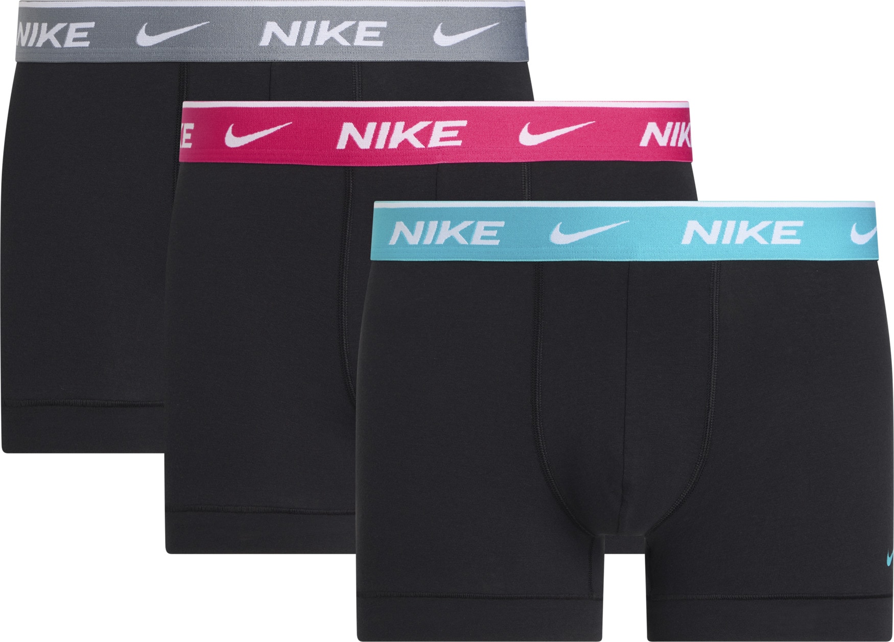 Trunk NIKE UNDERWEAR "TRUNK 3PK", Herren, Gr. S, blk dty cts, rush pink, cool grau wb, Jersey, Obermaterial: 95% Baumwolle, 3% sonstige Fasern, 2% Elasthan, kontrastfarbene Details, unifarben, körpernah, Unterhosen, mit farbigem NIKE Logo-Elastikbund Image