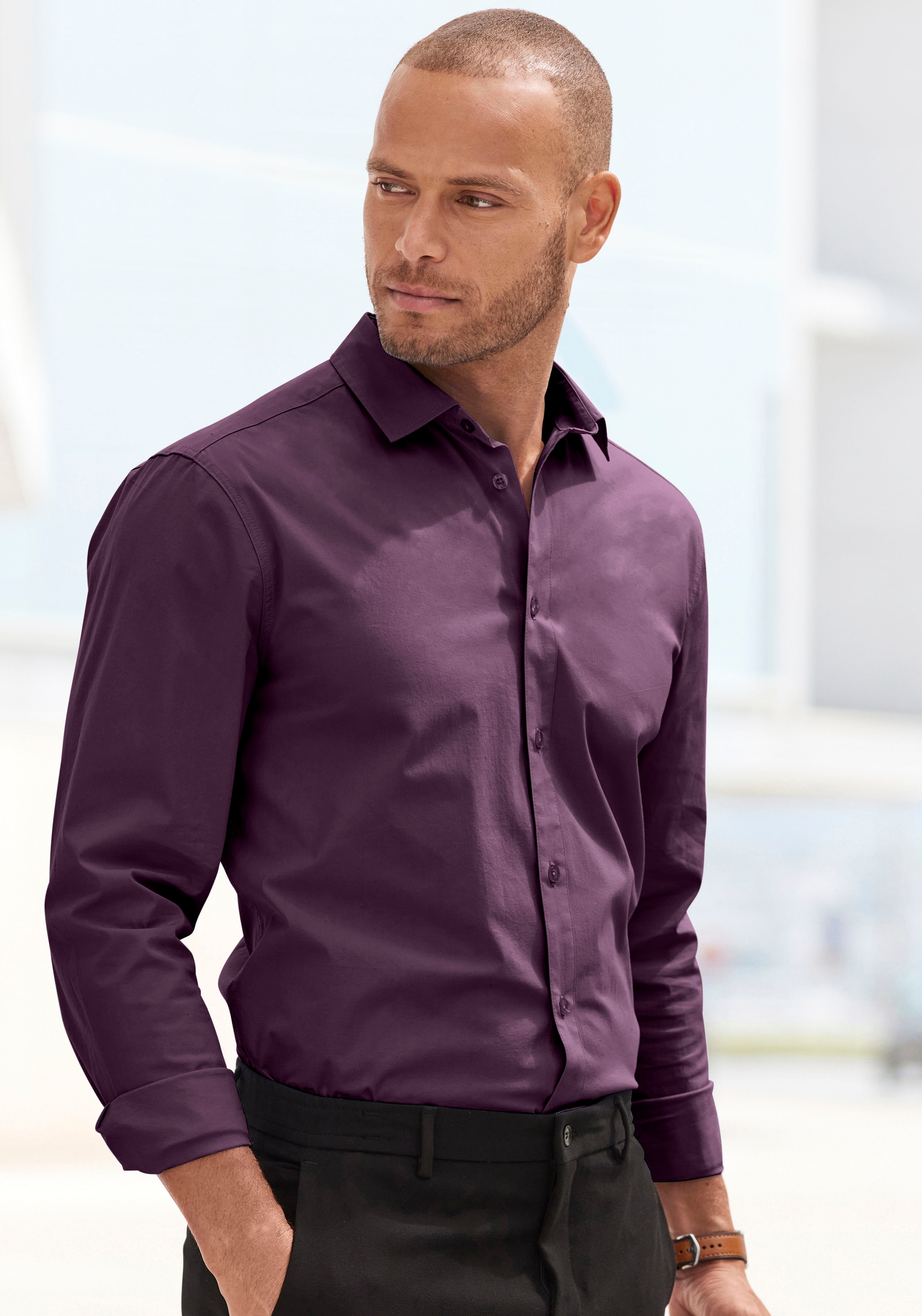 Langarmhemd JOHN DEVIN "elastische Baumwollqualität", Herren, Gr. M (39/40), N-Gr, lila, Web, Obermaterial: 97% Baumwolle, 3% Elasthan, körpernah, Rundhals, 1-Knopf-Manschette, Hemden, für maximale Bewegungsfreiheit durch Stretch