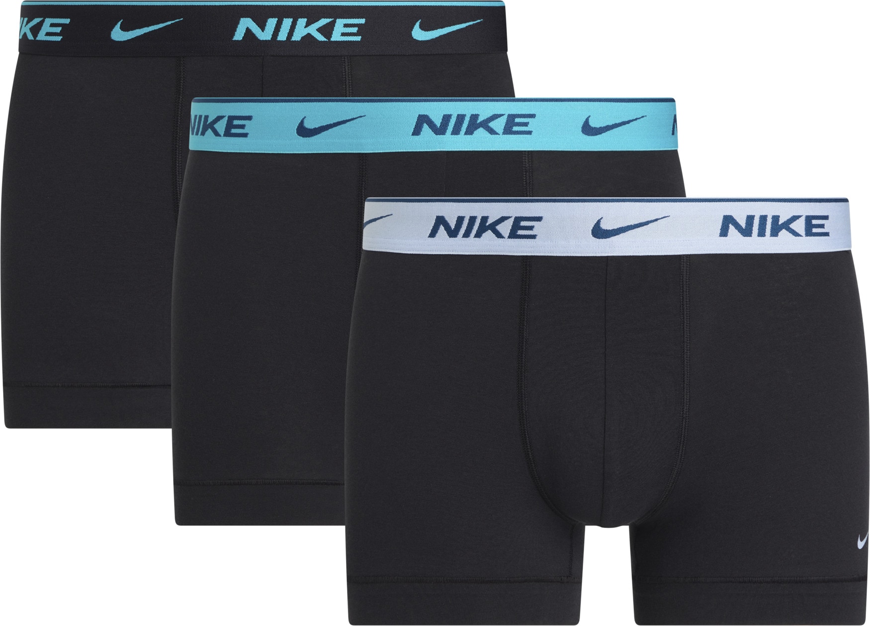 Trunk NIKE UNDERWEAR "TRUNK 3PK", Herren, Gr. S, blk light amry blau, dty cts, blk wb, Jersey, Obermaterial: 95% Baumwolle, 3% sonstige Fasern, 2% Elasthan, kontrastfarbene Details, unifarben, körpernah, Unterhosen, mit farbigem NIKE Logo-Elastikbund Image