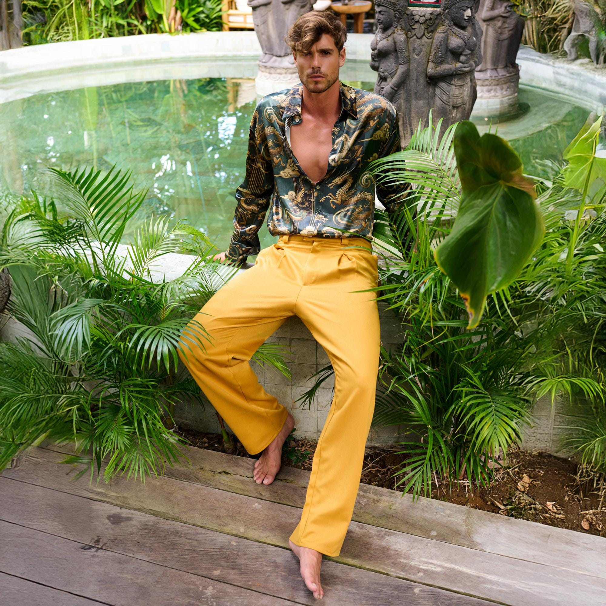 Senfgelbe Herren Palazzo Hose, Hoch taillierte Faltenhose, Retro 50er Jahre Havanna Style, Gold Chino mit weitem Bein, Resort Wear, Swing Dance