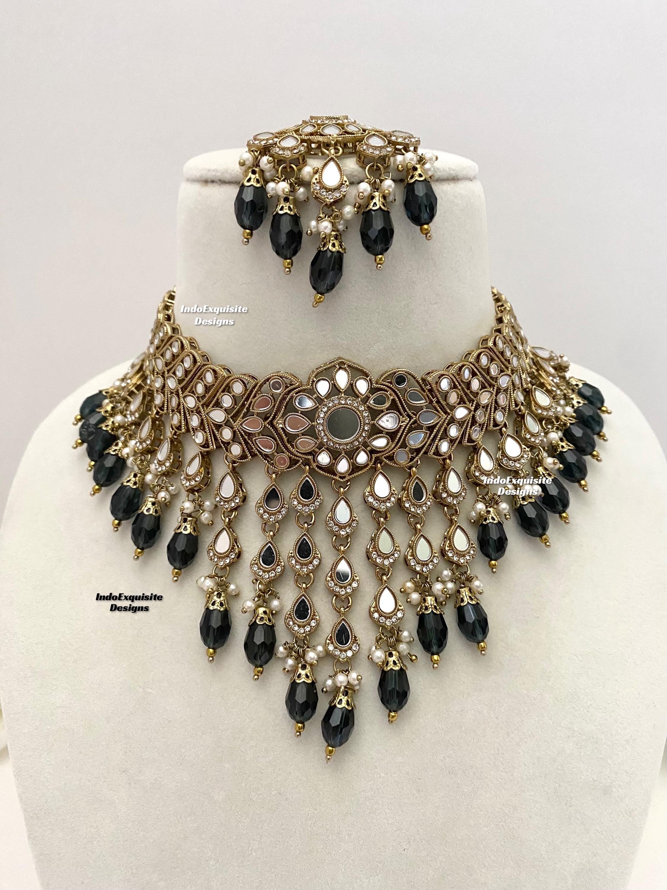 Elegantes antikes Gold Basis Spiegel Choker Set / indischer Schmuck / hochwertiger Spiegel Kundan Schmuck / einzigartiges Wasserfall Choker Set / schw