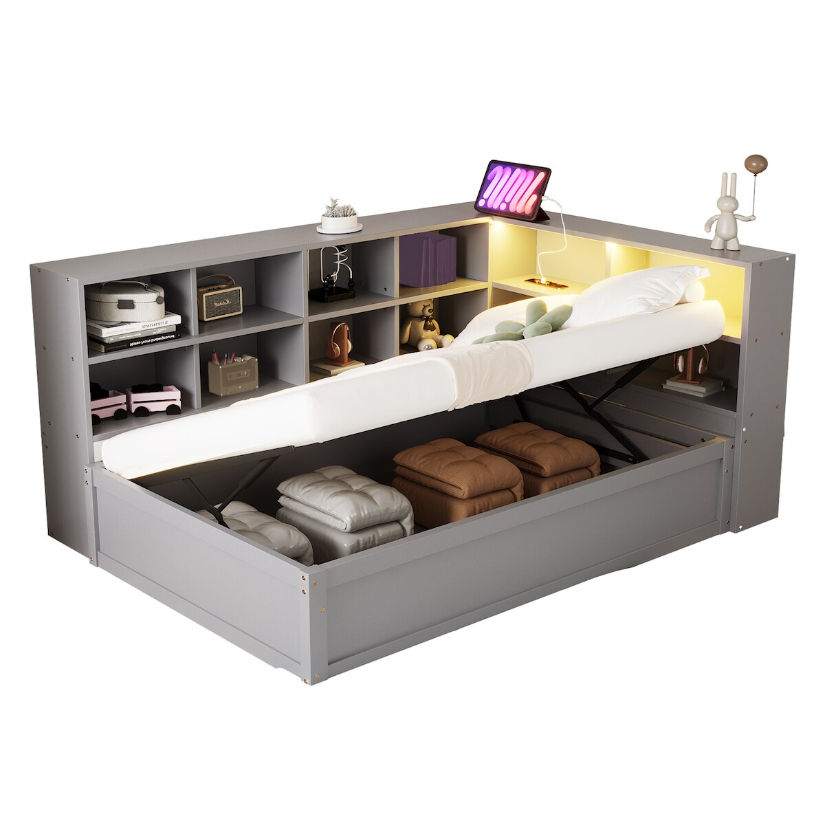 OKWISH Multifunktionales Massivholz-Schlafsofa 90×190, ausziehbar mit Stauraum, integrierter Steckdose und LED-Lichtleiste, hydraulisches Gästebett, Grau Image