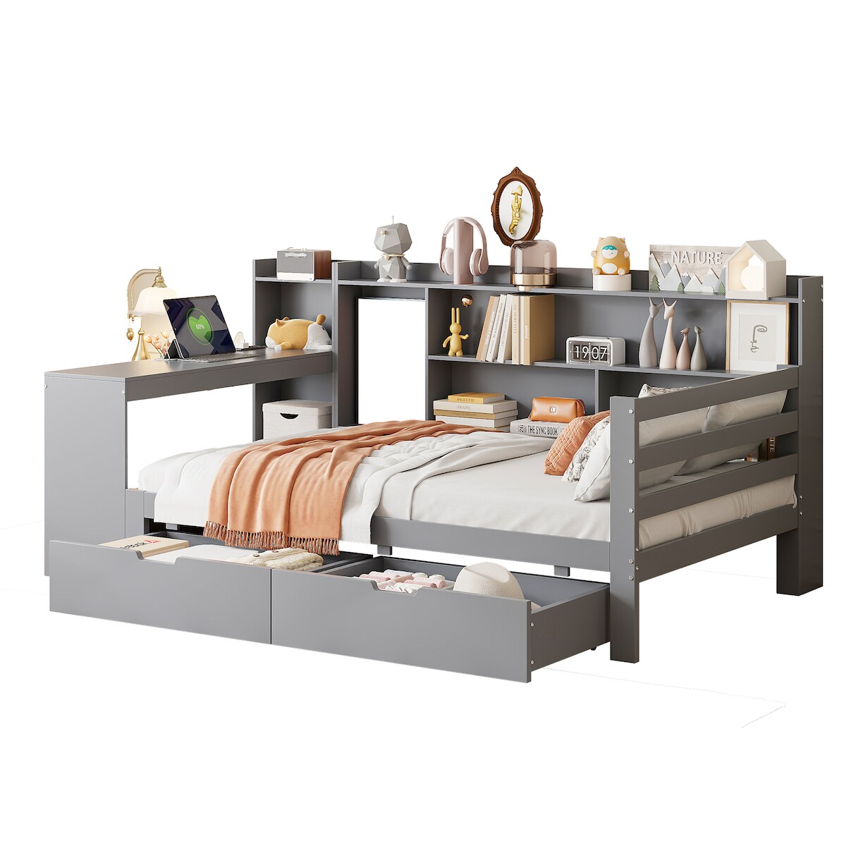 OKWISH Multifunktionales Schlafsofa-Bett mit Schreibtisch aus Massivholz 90x200cm grau–Platzsparend mit Steckdose, Regalen & Schubladen für Wohnung Image