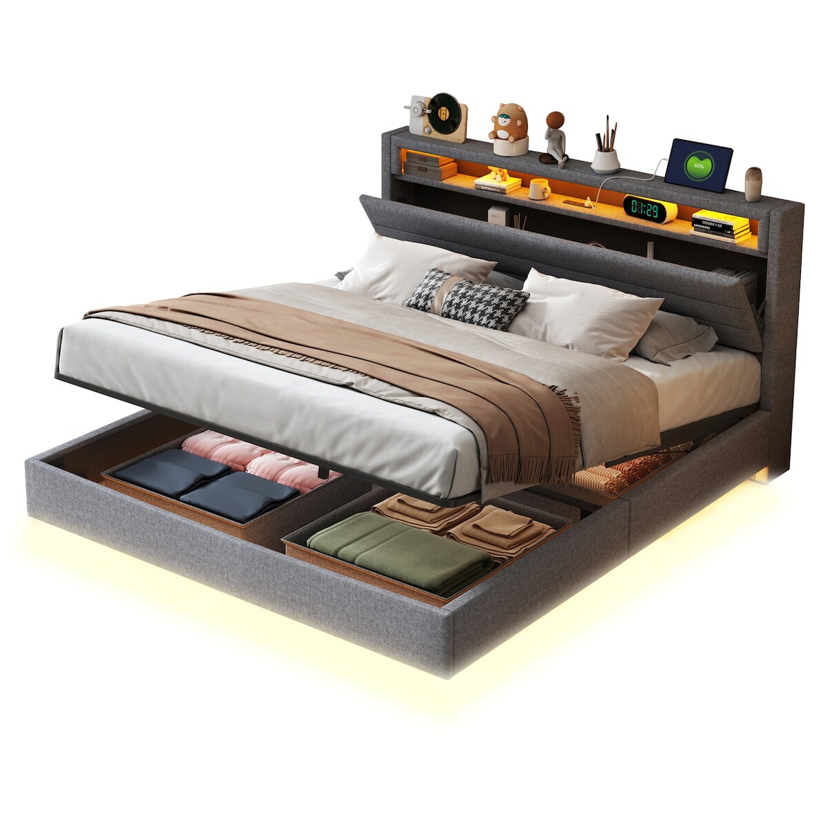 OKWISH Gepolstertes Polsterbett 160x200 cm Grau mit Leinenbezug, LED-Beleuchtung, USB-Anschluss, hydraulischem Stauraum, versteckten Füßen Image