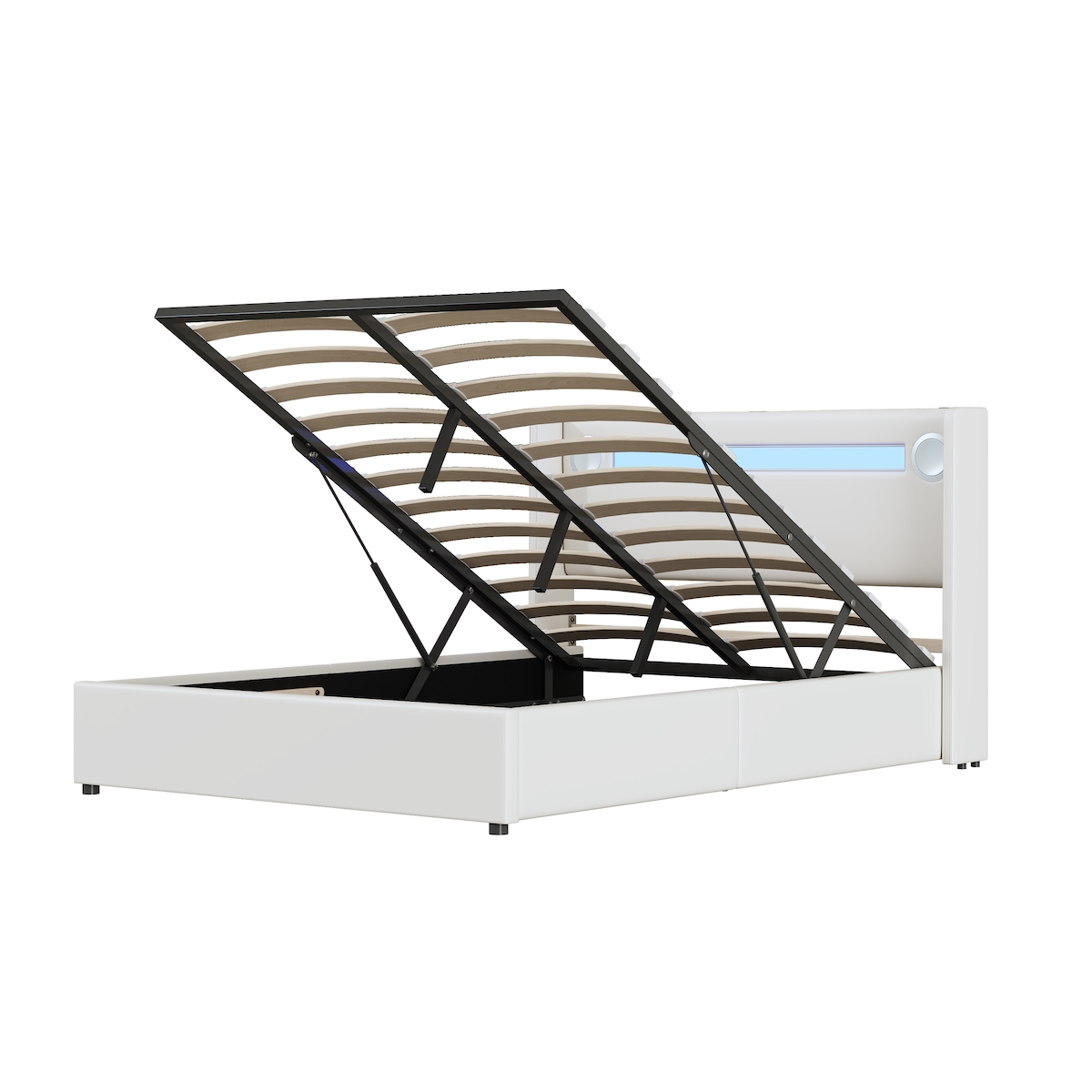 OKWISH PU-Leder Polsterbett 140x200 cm mit Bluetooth-Player, USB-Ladeanschlüssen, LED-Lichtleiste, hydraulischem Stauraum, robustem Metallrahmen Weiß Image