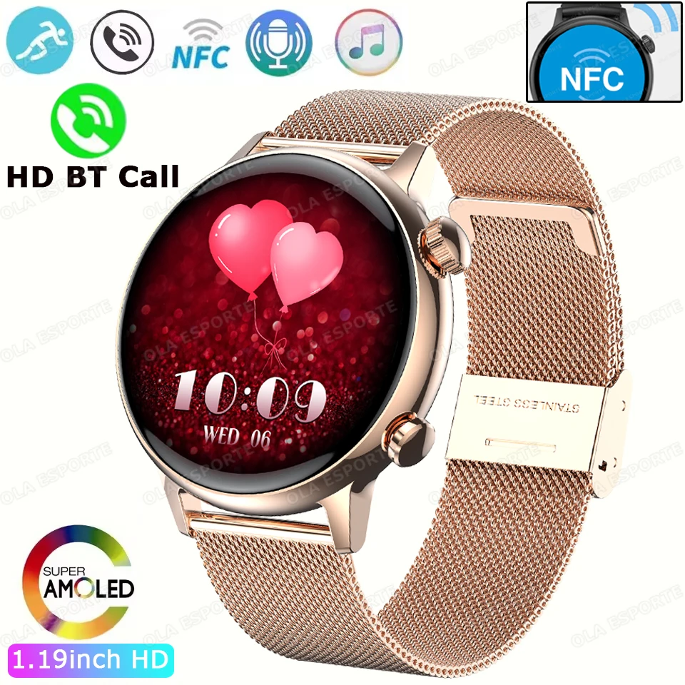 Neue Mode Frauen Smart Uhr 2025, NFC AMOLED BT Anruf Herzfrequenz Schlaf Monitor Frauen Gesundheit Management Wasserdichte Smartwatch Image