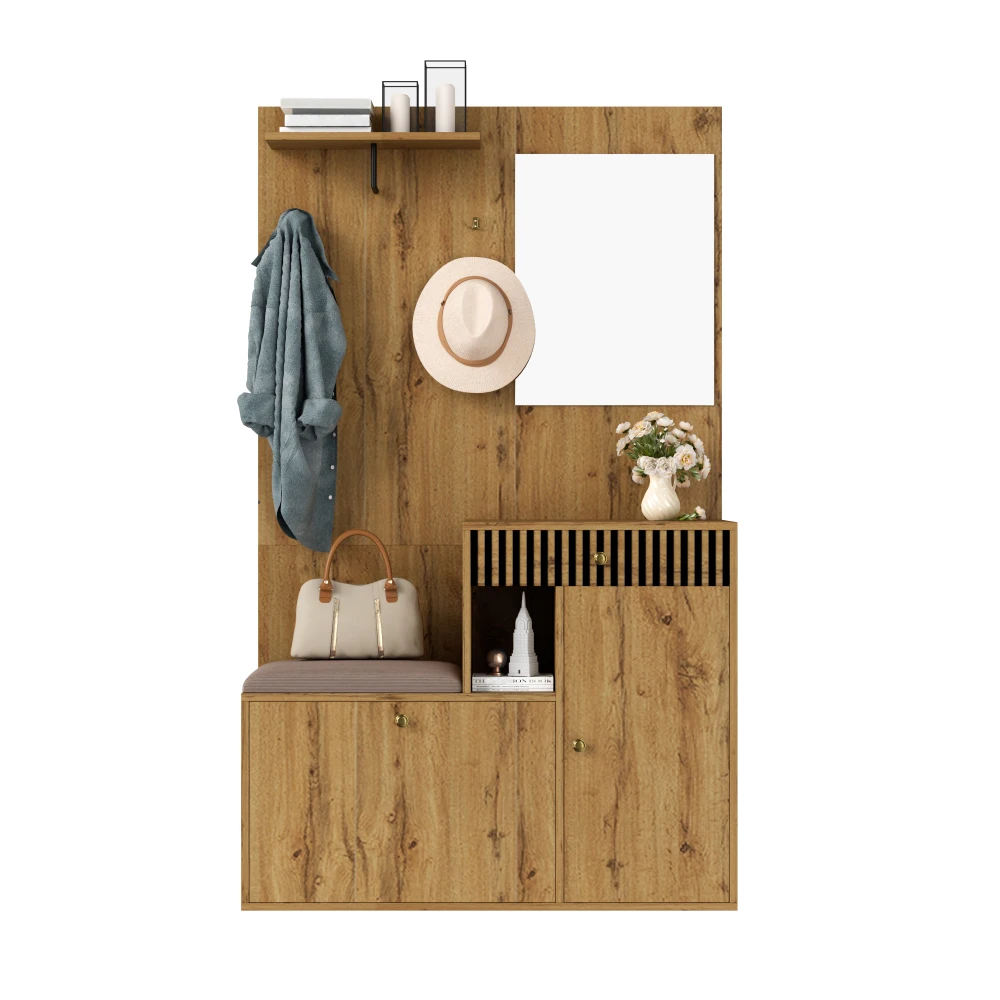 110 x 185,5 x 37 cm kompakter Kleiderschrank, mit Spiegel und Kissen, Flurgarderobe, Flur- und Bodengarderobepaneele, Schuhschrank