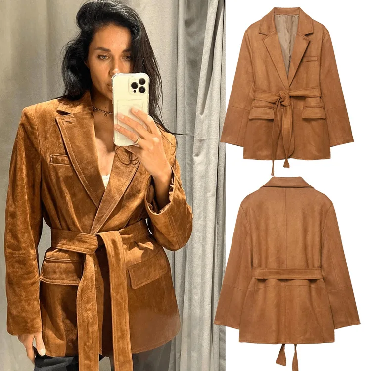 Herbst Büro Dame Schärpen Chic Lose Chic Streetwear Outwear Langarm Wildleder Jacke Gürtel Vintage Solide Elegante Frau Blazer