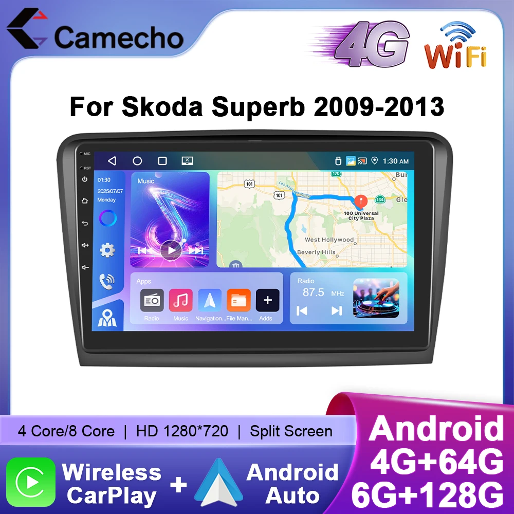 Camecho Drahtlose CarPlay Android Auto Auto Radio für Skoda Superb 2009-2013 Multimedia Player 6 + 128G 4G WIFI RDS GPS Auto Stereo Image