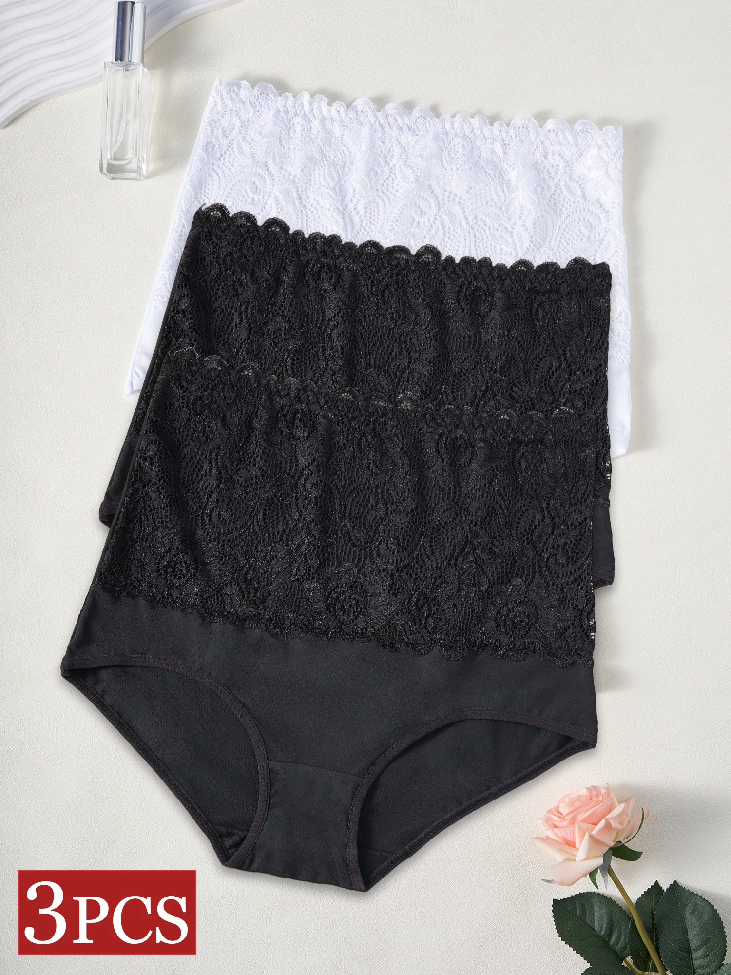 3PCS frauen Hohe Taille Unterwäsche Aushöhlen Floral Spitze Sexy Höschen Einfarbig Briefs Weiche Bequeme Unterhose Damen Image