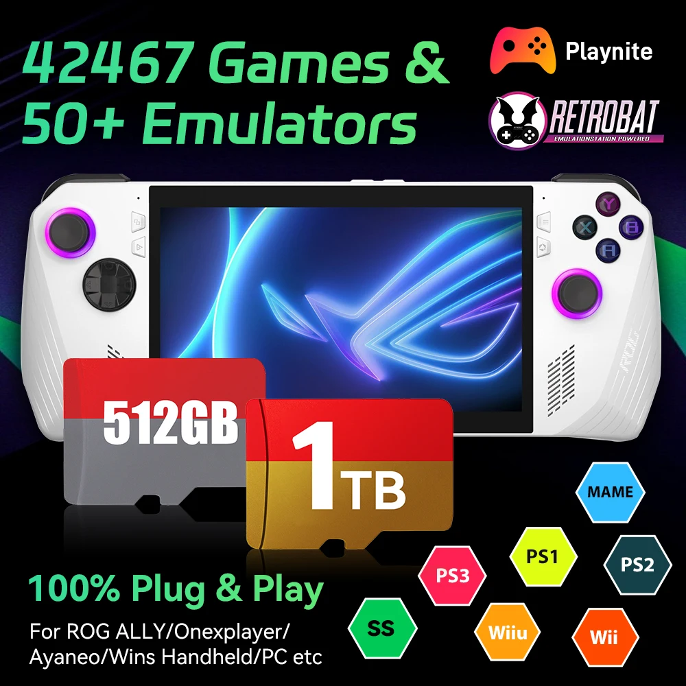 JMachen 512 GB/1T Game TF-Karte für ROG ALLY/Rog ALLY X/Onexplayer/Wins Handheld/PC mit 42467 Retro- und PC-Spielen für PS3/PS2/Switch