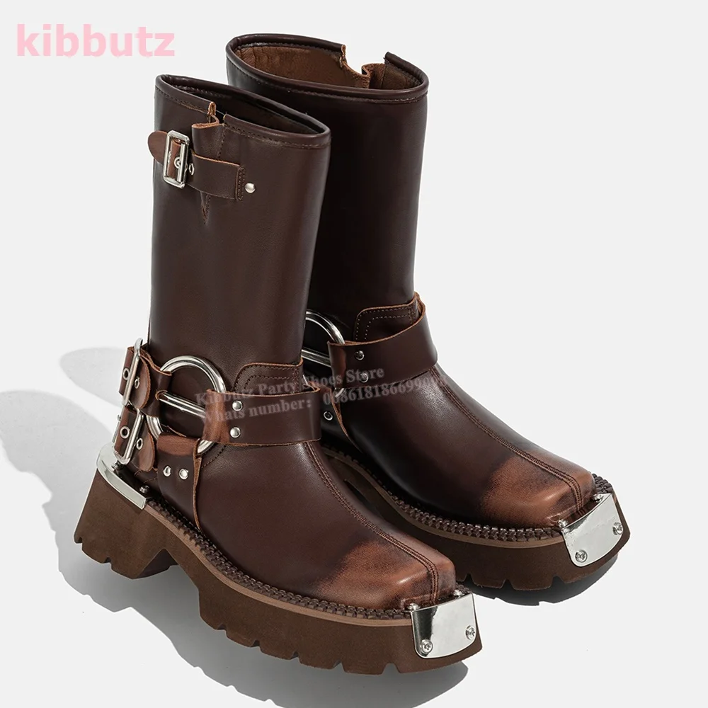 Cowboy-Stiefel mit mittlerer Wade, Gürtelschnalle, Metallkappe, quadratischer Absatz, Neuheit, Leder, Vintage-Slip-On, modisch, prägnant, Neuheit, Damenschuhe, Neu