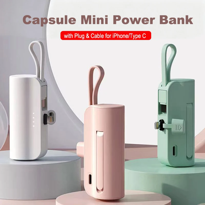 Mini-Kapsel-Powerbank mit Kabel, Telefonhalter, tragbares Ladegerät, schnelles Aufladen, externer Akku für iPhone, Xiaomi, Samsung, Huawei Image