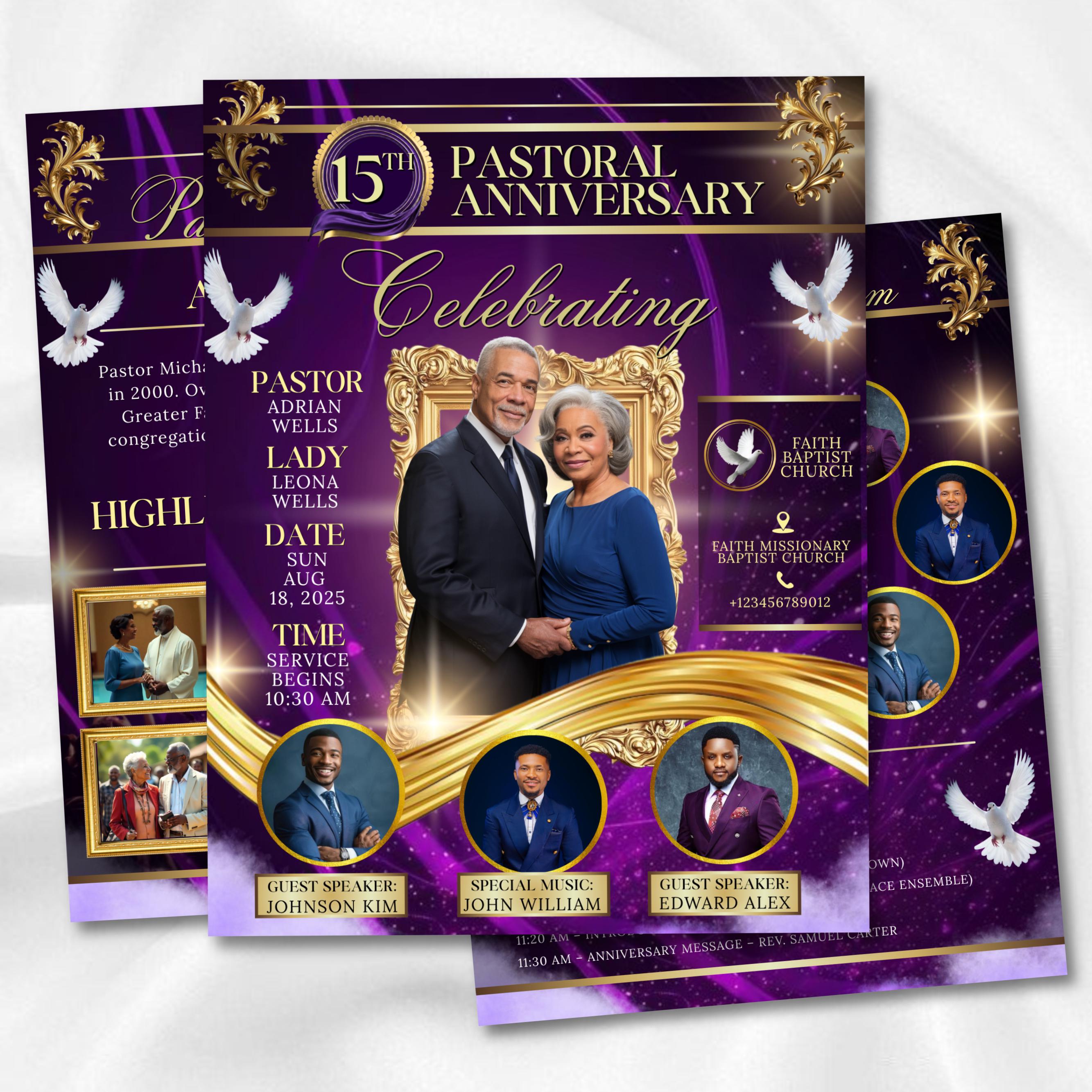 Modello di programma per l'anniversario del pastore di 4 pagine, brochure pieghevole per l'anniversario della chiesa in viola e oro, programma di ring