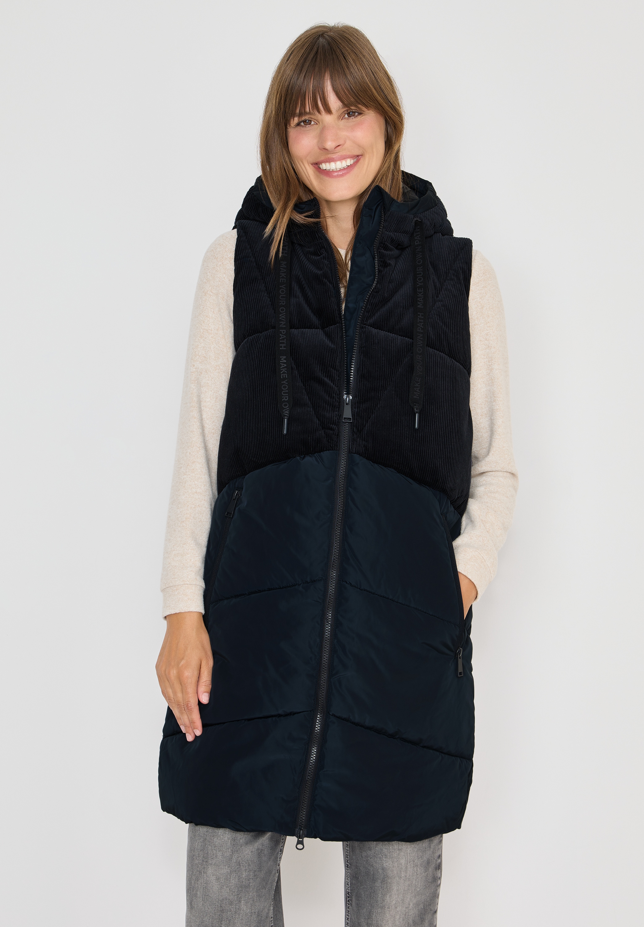 Steppweste CECIL, Damen, Gr. XS (36), schwarz navy blau, Web, Obermaterial: 100% Polyester; Obermaterial oberer Teil und Kapuze: 100% Baumwolle; Futter: 100% Polyester; Füllung: 100% Polyester, unifarben, comfort fit normal, ohne Ausschnitt, Westen,... Image