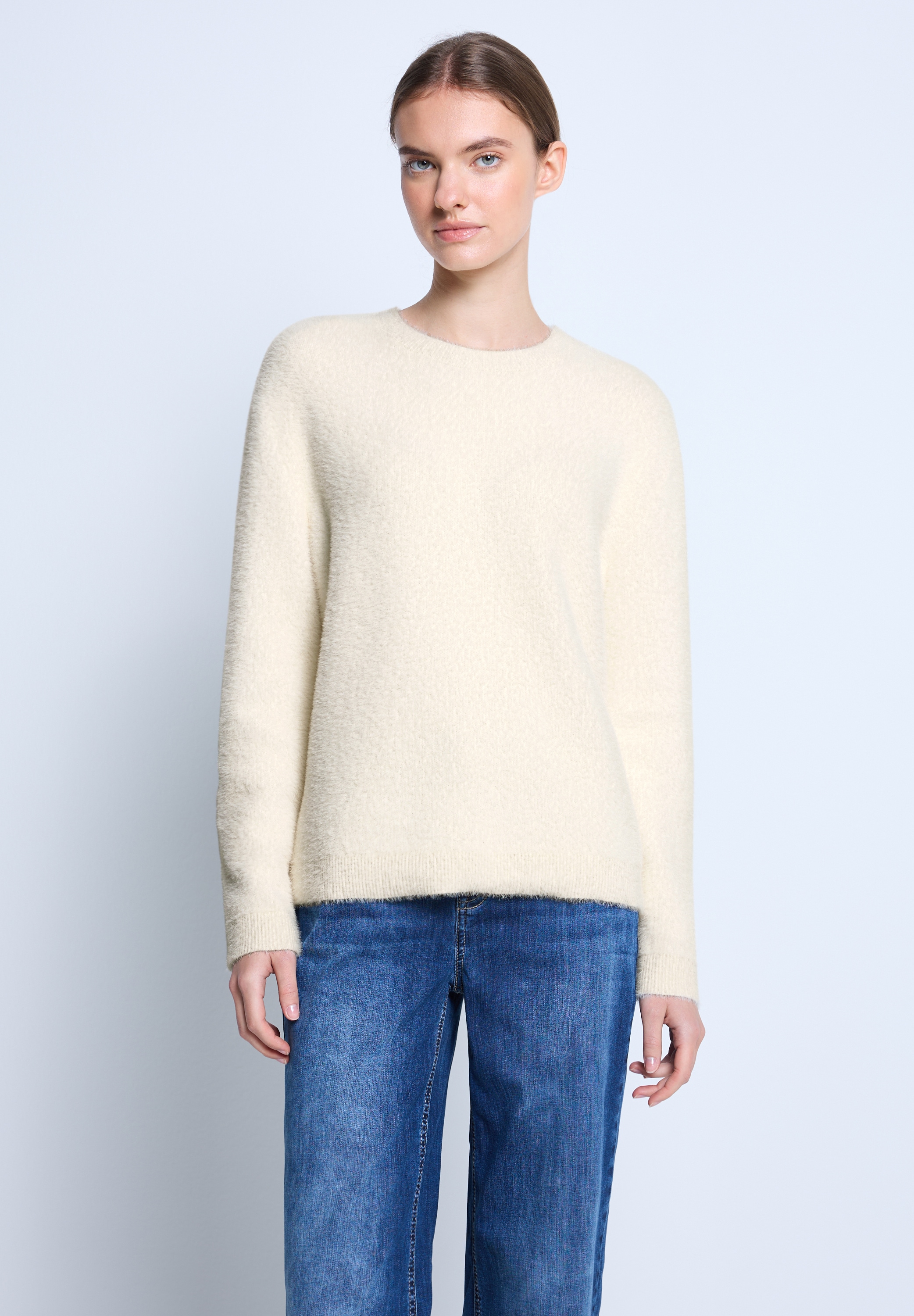 Strickpullover STREET ONE STUDIO, Damen, Gr. 44, soft beige, Web, 78% Polyamid, 12% Polyacryl, 10% Baumwolle, unifarben, normal normal, Rundhals, Rippbündchen, Pullover, Grobstrick Image