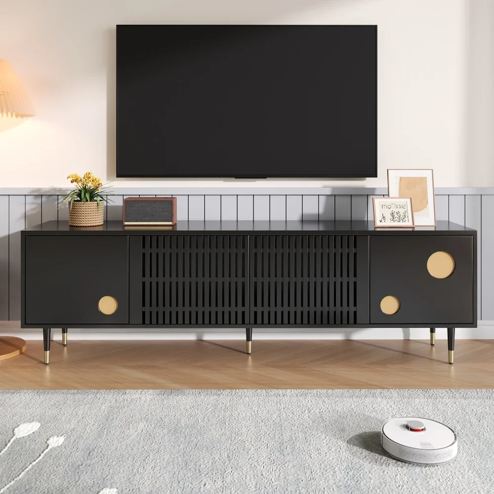 Meuble TV, meuble TV avec deux portes en bois massif, poignées cachées, décor doré. Meubles de salon, adaptés à la décoration intérieure