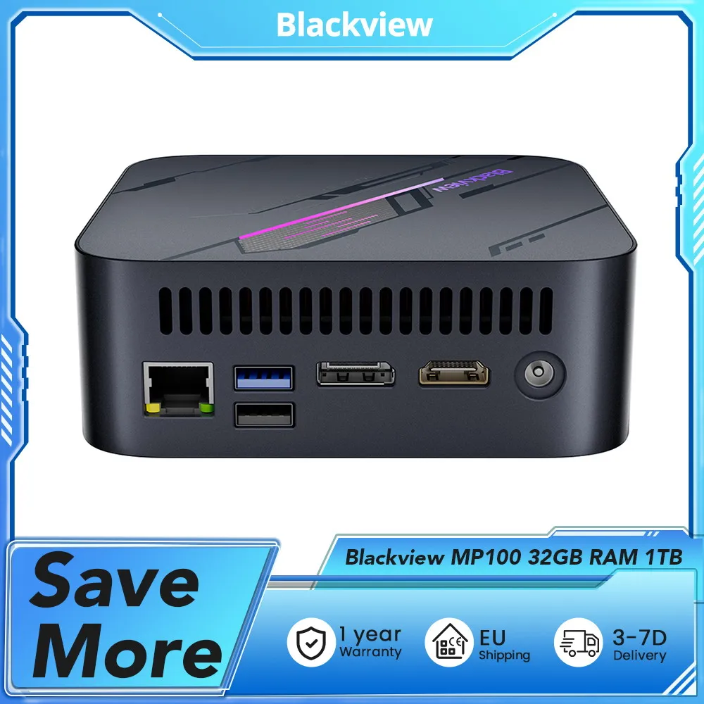Blackview MP100 Mini PC, AMD Ryzen 7 5700U 8 cœurs maximum 4,3 GHz, 32 Go de RAM 1 To SSD, DP + HDMI + Type-C Triple écran 4K, WiFi 6 BT 5.2