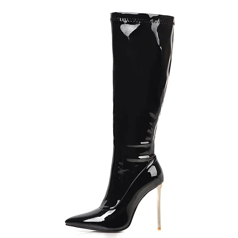 Frauen Hohe Stiefel Sexy Zipper Schwarz Rot Weiß Kniehohe Stiefel Dünne Fersen Patent frauen Herbst Winter Tanz Schuhe große Größe 45 48