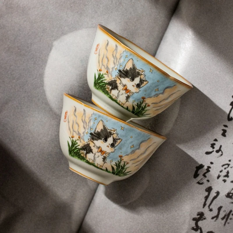 Ru Klin Niedliche handbemalte Katze Teetasse Keramik Retro Porzellan Teetasse Master Cup Verkostungsbecher Chinesischer Kung Fu Japanischer Tee Teegeschirr Image
