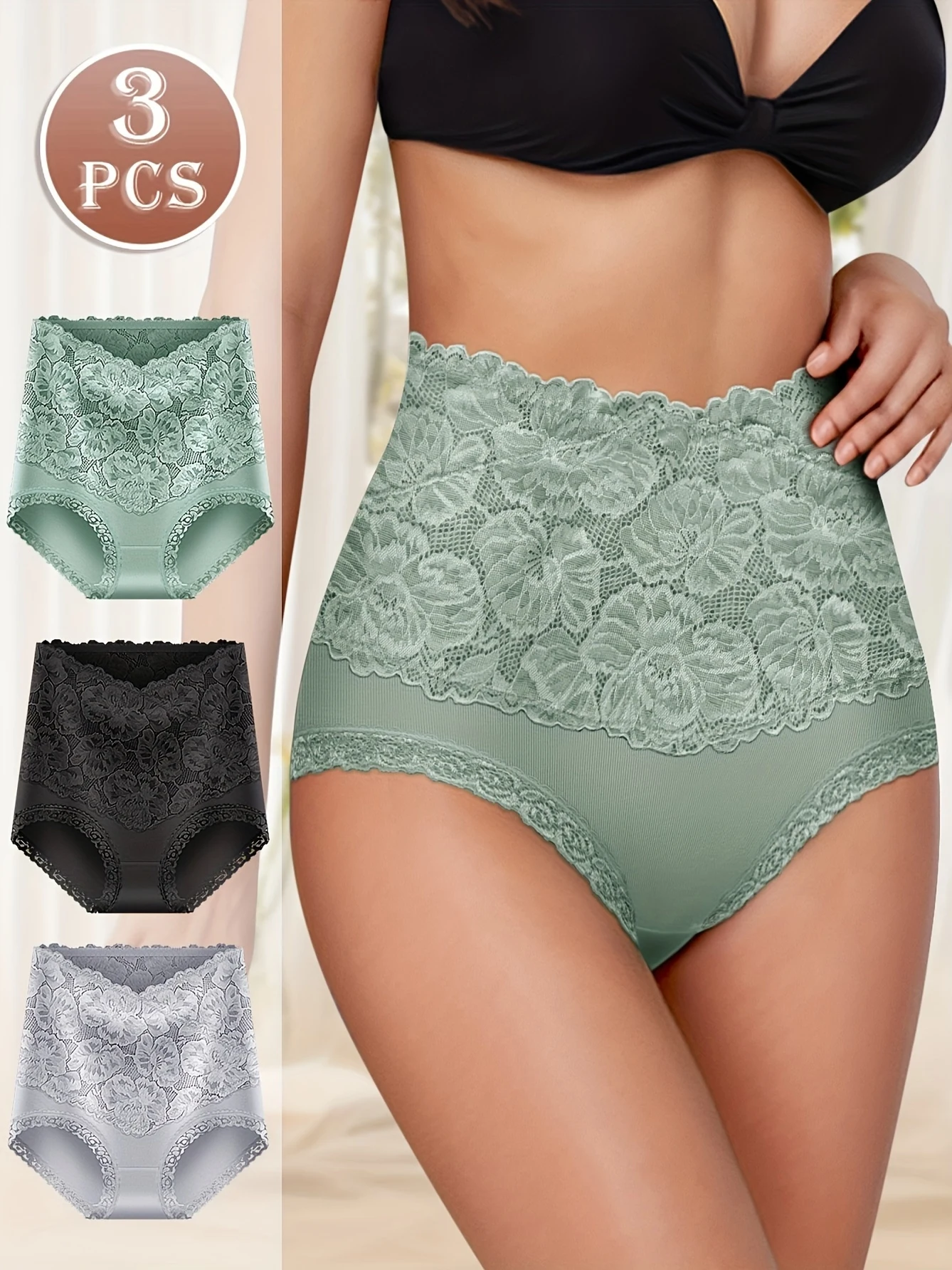 3-teilige Damen-Unterwäsche zur Bauchkontrolle mit hoher Taille – bequeme Passform in Übergröße mit Jacquard-Muster, dehnbarem Spitzenbesatz und Po-Lifting Image