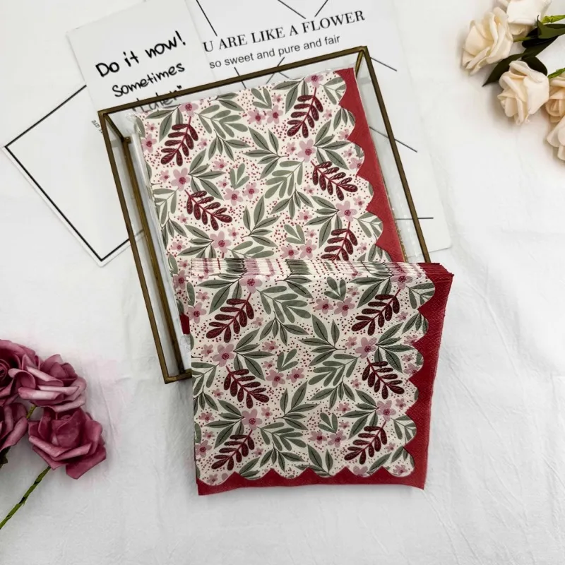 20 Stück 33 cm 2-lagige High-End-Party-Servietten mit Blatt- und Blumendruck, neues Weinglas, Blume, faltbar, DIY-Decoupage-Papier Image