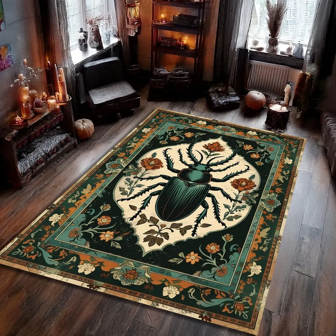 Vintage Hirschkäfer Teppich, Gothic Insekt Teppich mit botanischem Teppich, Boho Persischer Stil Käfer, Mothcore Home Decor Matte Insekten Teppich Image