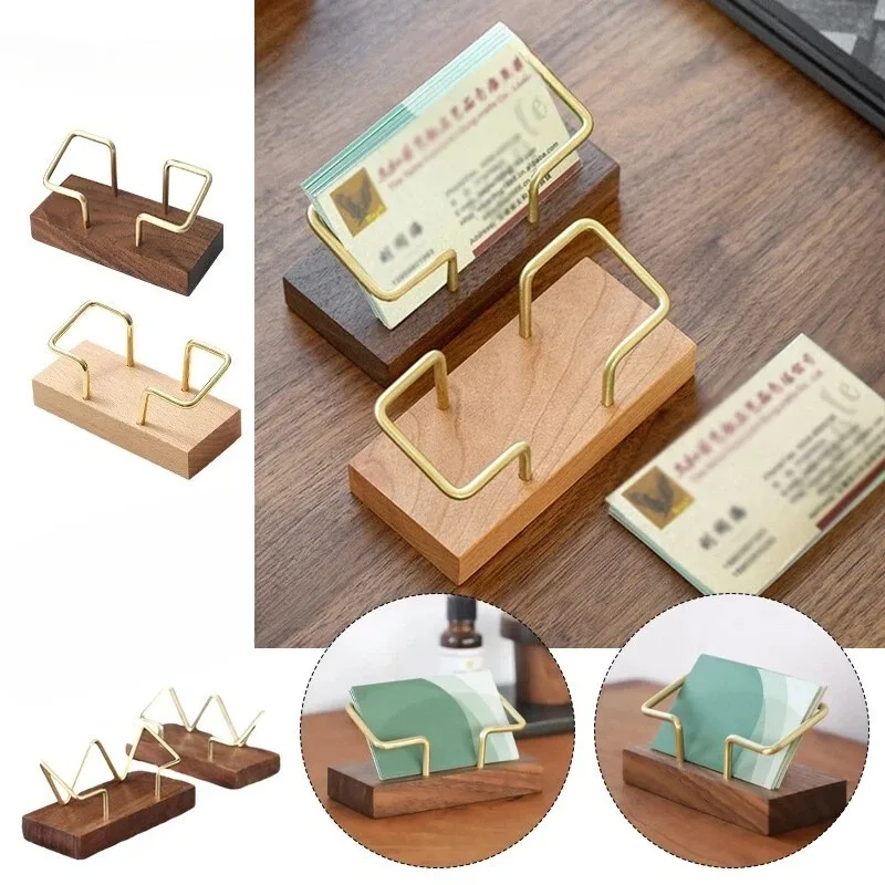 Visitenkartenhalter aus Holz, einfacher Schreibtischständer aus Buchenholz oder Walnussholz mit Metallakzent, Kartenständer für den Schreibtisch Image